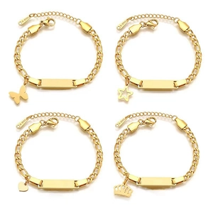 Detail of gold stainless steel Figaro bracelets with heart, star, crown and butterfly charms