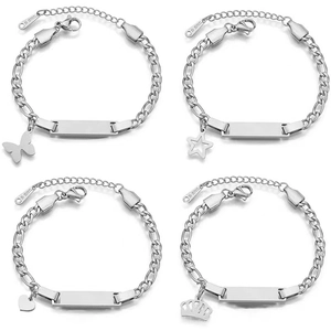 Detail view of four stainless steel Figaro chains with polished nameplates and various charms