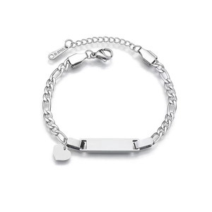 Close-up of silver stainless steel Figaro bracelet with heart pendant and blank ID tag
