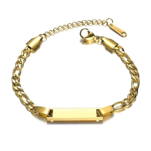Detail of gold-plated stainless steel Figaro chain with engravable ID plate and clasp