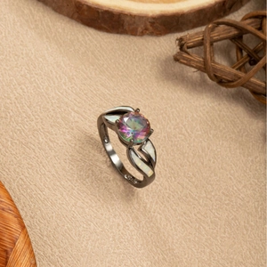 Anillo de Corazón de Ópalo de Fuego Místico Vintage para Mujer Cobre Chapado en Oro Negro con Diamantes de Imitación