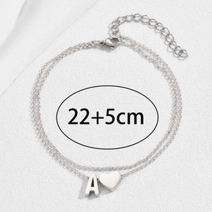 Silver double layer stainless steel anklet with heart and letter A charm, 22+5cm