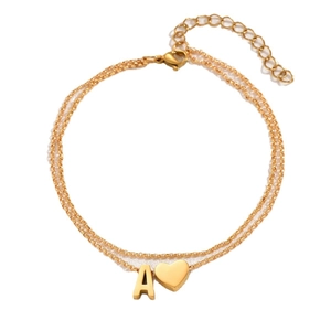 Double-layered golden stainless steel heart and letter A pendant anklet for women