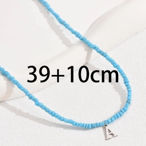 Collana di perline azzurre con ciondolo lettera A argento, lunghezza 39+10cm regolabile