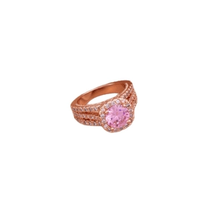 Elegant rose gold plated triple layer ring with a large pink zircon and pave crystals