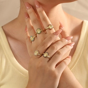 Religious Virgin Mary Oval Relief Ring Gold Plated Copper With Colorful Zirconia Adjustable Open Finger Jewelry For Women