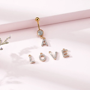 Golden stainless steel belly button ring set with zircon-studded LOVE letter pendants