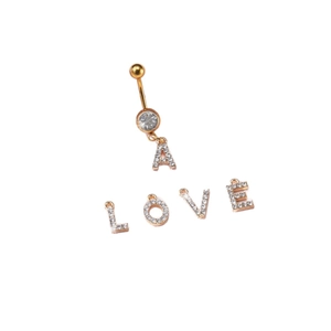 Golden stainless steel belly ring with sparkling rhinestones and LOVE letter pendants