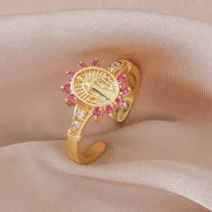 Golden Virgin Mary ring with pink zircon halo and adjustable open band for women