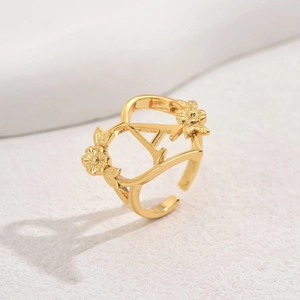 Fashion Copper Gold Plated Open Ring With Hollow Heart Flower Initial Letter For Women Vintage Adjustable Finger Jewelry