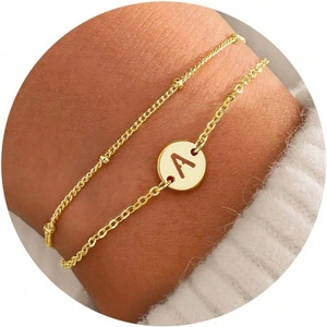 Bracciale a Doppio Strato in Acciaio Inossidabile con Lettera Iniziale per Donna Gioielli di Moda con Ciondolo a Disco