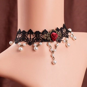 Gothic lace choker necklace featuring a red satin rose and faux pearl pendants