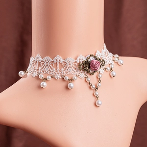 Elegant white lace choker with a pink fabric rose and hanging pearls for women