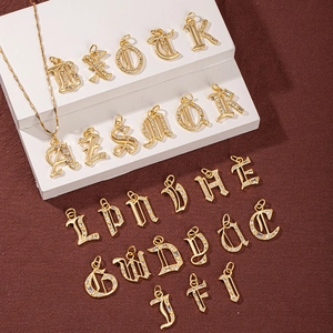Gothic style gold plated copper necklace with zircon paved alphabet initial pendants