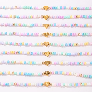 Rainbow macaron bead necklace with gold heart initial pendant for personalized style