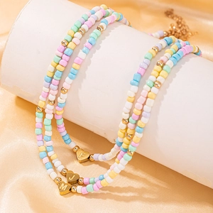 Bohemian Stainless Steel Seed Bead Initial Necklace Rainbow Colorful Heart Letter Pendant Chain For Women Handmade Jewelry