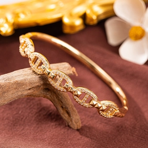 Detail eines vergoldeten Armbands mit Zirkonia-Steinen auf einem natürlichen Holzzweig