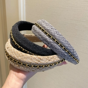 Vintage Tweed Padded Headband With Gold Metal Chain Braided Elegant Hair Hoop For Women Girls Retro Hair Accessories