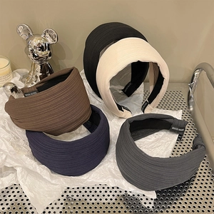 French striped wide-edge pleated headbands in black, beige, coffee, navy, and dark grey