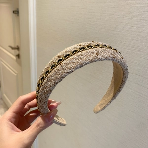 Thick sponge headband with beige tweed fabric and golden woven chain detail