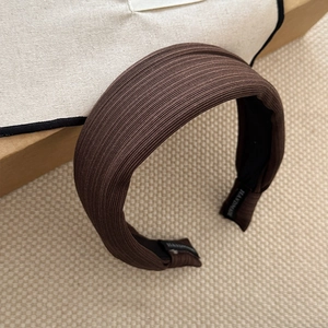 Brown ribbed wide padded headband with handmade label for high crown hairstyle