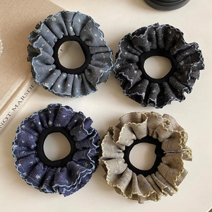 Chouchous Style Denim à Motif Floral Avec Bordure Ondulée Attaches de Cheveux en Tissu à Volants pour Femmes Accessoires de Coiffure