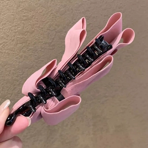 Pink suede multi-layer bow banana clip hair accessory for ponytail and bun styling