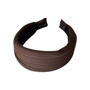 French style striped wide headband in dark brown ribbed fabric for elegant volume