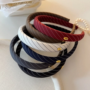 Vintage Twill Fabric Padded Sponge Headband With Gold Metal Tag Retro High Top Hair Hoop For Women Hair Accessories