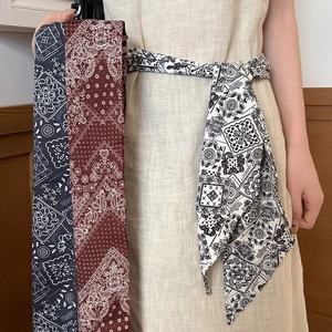 Long foulard en soie rétro à motif paisley noué comme ceinture sur une robe en coton