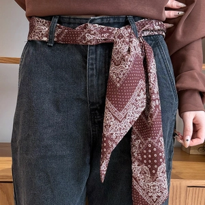 Détail d'un foulard en soie marron à motif cachemire utilisé comme ceinture de jean