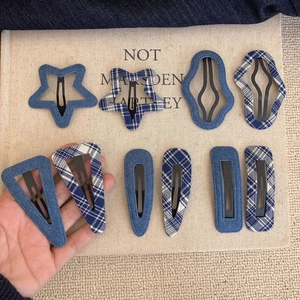 Retro Navy Blue Denim Fabric Checkered BB Hair Clip For Women Geometric Star Triangle Water Drop Sweet Side Bangs Hairpins