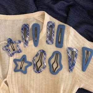 Set of 10 vintage navy blue denim and plaid fabric snap hair clips in geometric shapes