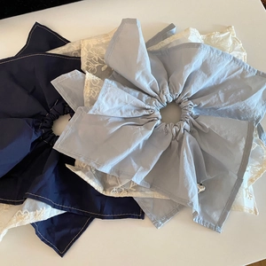 French style oversized bow scrunchie set with navy blue, light blue and lace embroidery