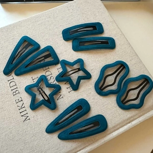 Set of 10 dark green velvet fabric wrapped metal hair clips in various geometric shapes