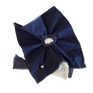 French style dark blue silk scrunchie with white stitching and silver heart pendant
