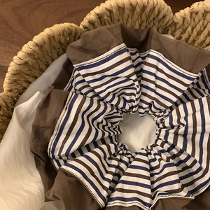 Chic Korean style brown and blue striped oversized scrunchie accessory for women