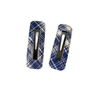 Set of two navy blue and cream plaid BB hair clips with classic vintage fabric texture