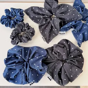 Vintage denim heart pattern scrunchie set in dark blue and black with woven labels