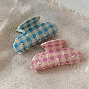 Fresh Sweet Acetate Gingham Flower Rhinestone Hair Claw Clip Large Shark Clip Floral Checkerboard Hair Accessory For Women