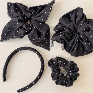 Retro denim hair accessory set with white heart patterns including scrunchies and headband