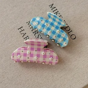 Floral plaid hair claw clips with rhinestones in blue and purple, set of two acetate clips