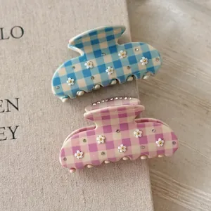 Chic gingham check flower hair claws with rhinestones for elegant styling