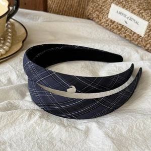 Navy blue plaid fabric headband with silver heart detail for elegant vintage hair styling