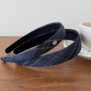Navy blue plaid fabric headband set with silver heart charm for women elegant style