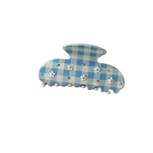 Blue and white plaid acetate hair claw clip with floral diamond accents for women