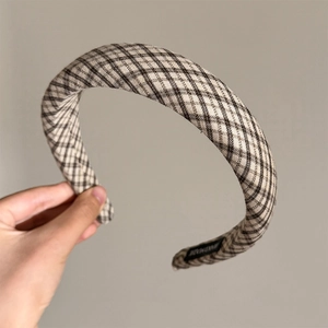Retro brown plaid sponge headband with handmade label for women hair accessories