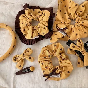 Vintage Mustard Yellow Polka Dot Hair Accessories Set For Women Handmade Fabric Scrunchie Bow Hair Claw Clip Headband