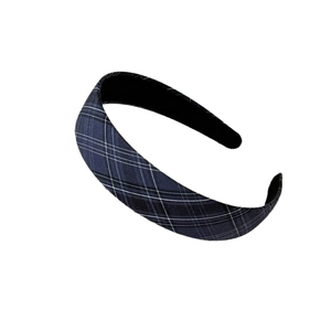 Classic navy blue plaid fabric headband with a high top design for women's daily hair styling