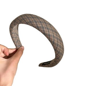 Padded brown plaid sponge headband for women with vintage college style design